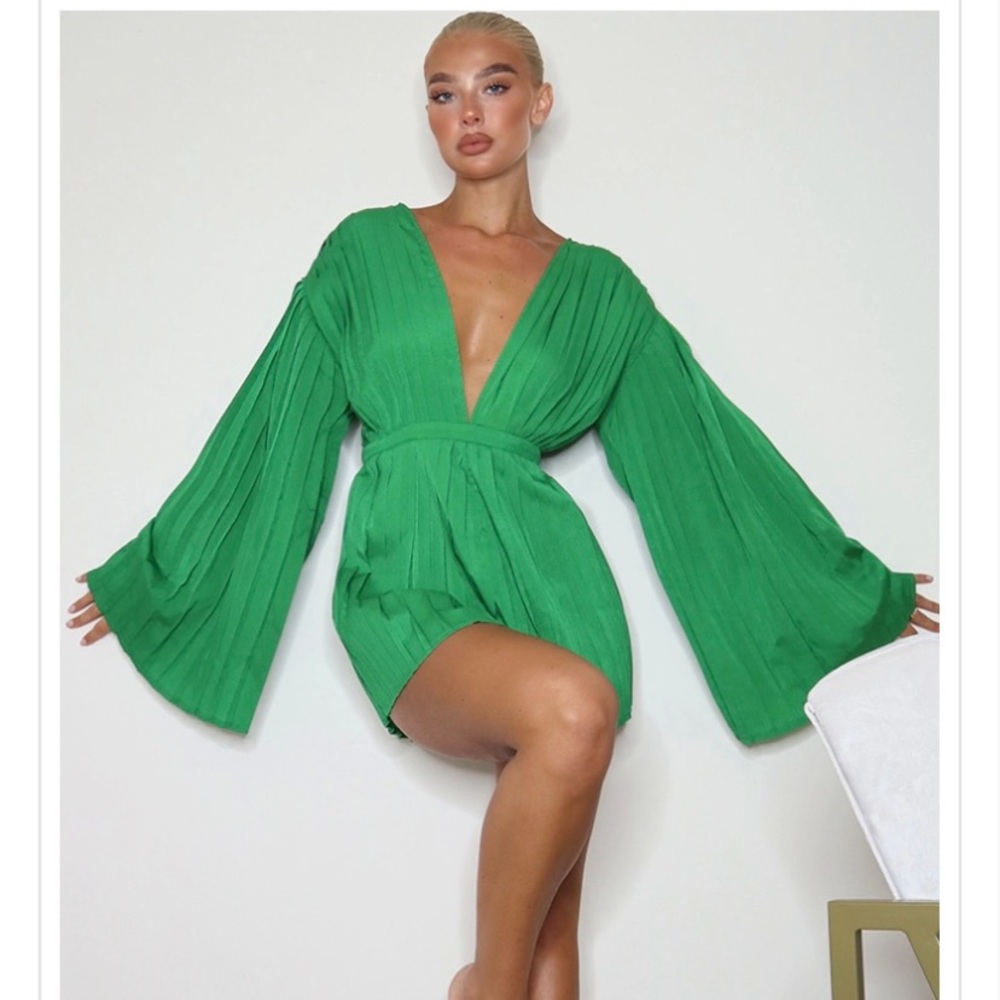 Green Plunge Pleated Romper